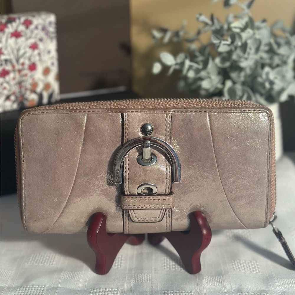 COACH Soho Metallic taupe Big Silver Buckle Zip Around Continental wallet